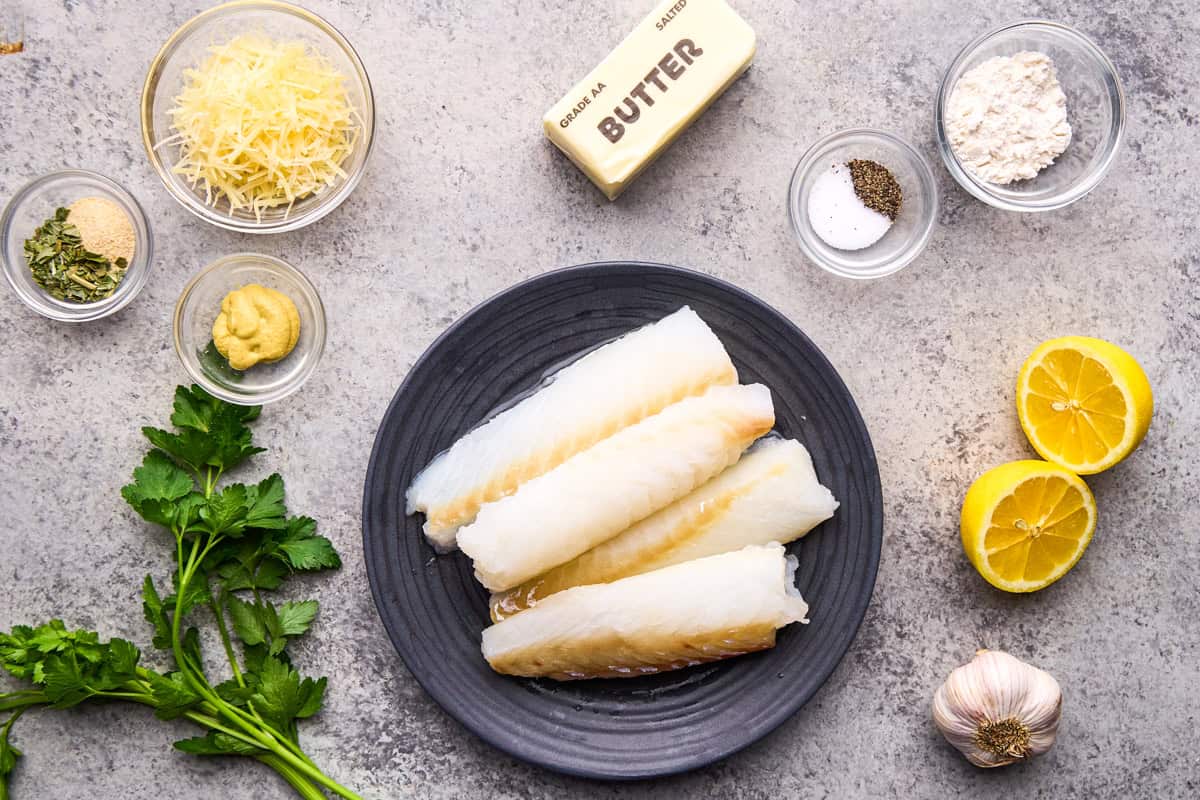 Ingredients for Easy Lemon Baked Cod Fish.