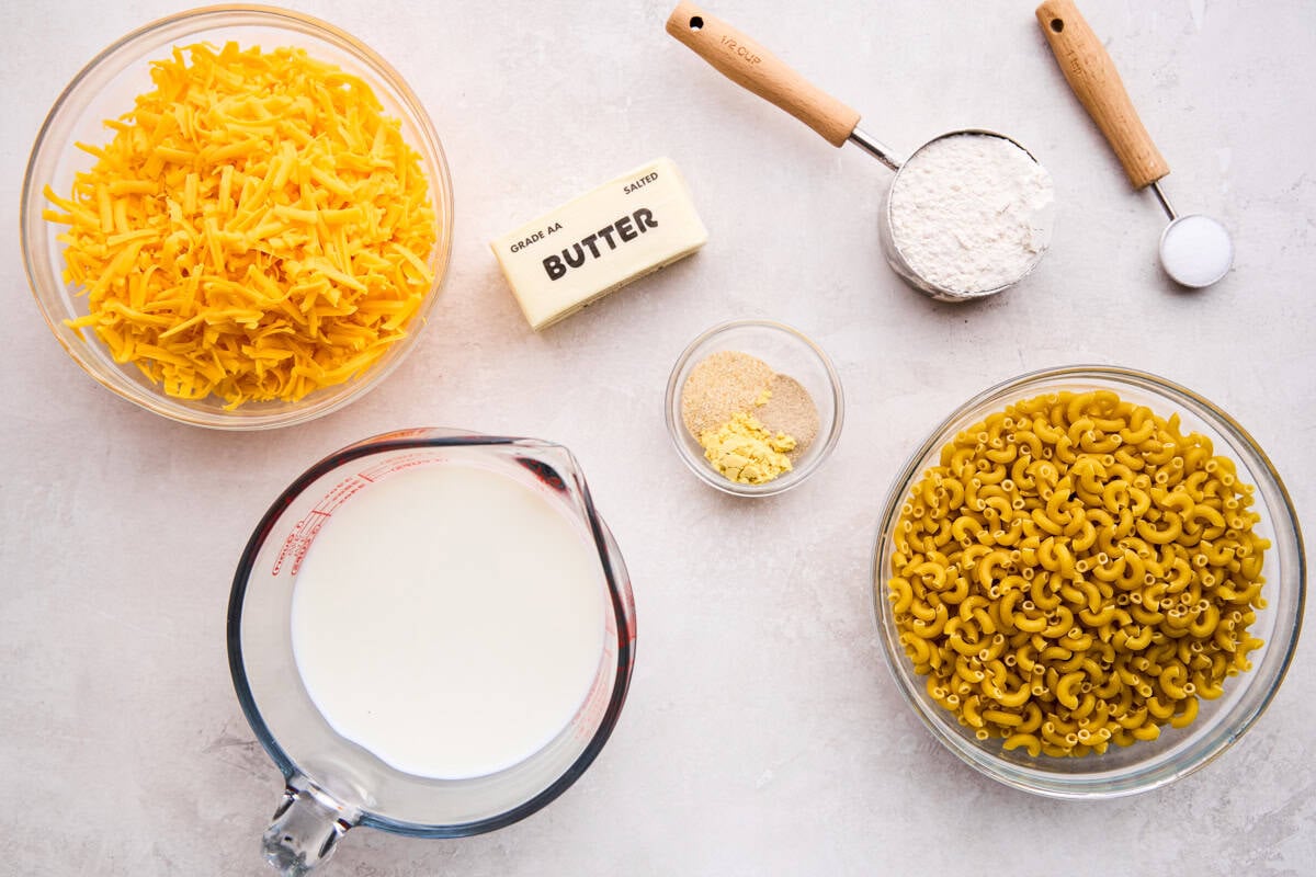 Ingredients for Easy Stovetop Mac and Cheese.