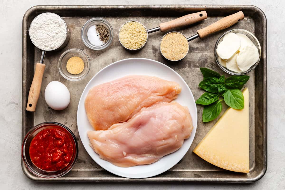 Ingredients used to make air fryer chicken parmesan.