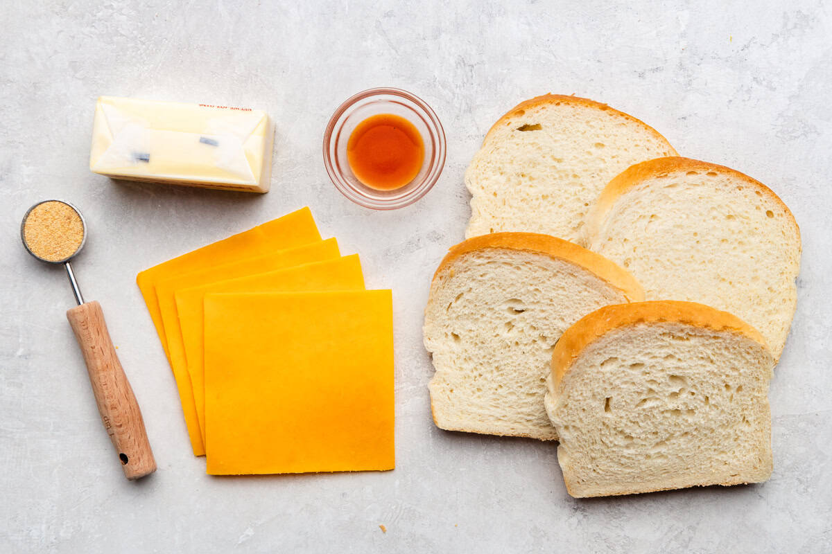 Ingredients used to make a grilled cheese sandwich using the air fryer.