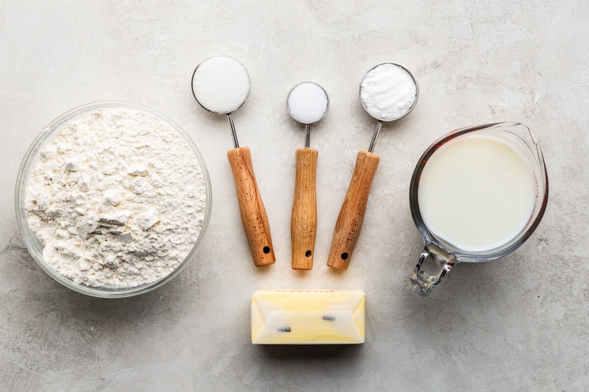 Ingredients used to make flaky old fashioned biscuits.
