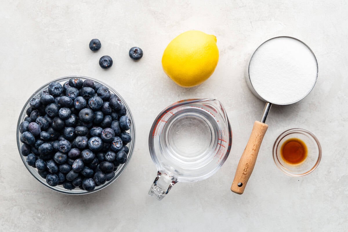 Ingredients for making homemade blueberry syrup.