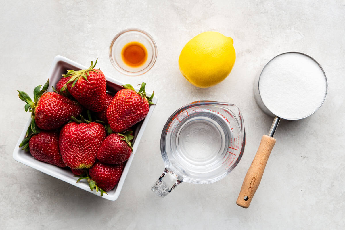 Ingredients used to make strawberry syrup.