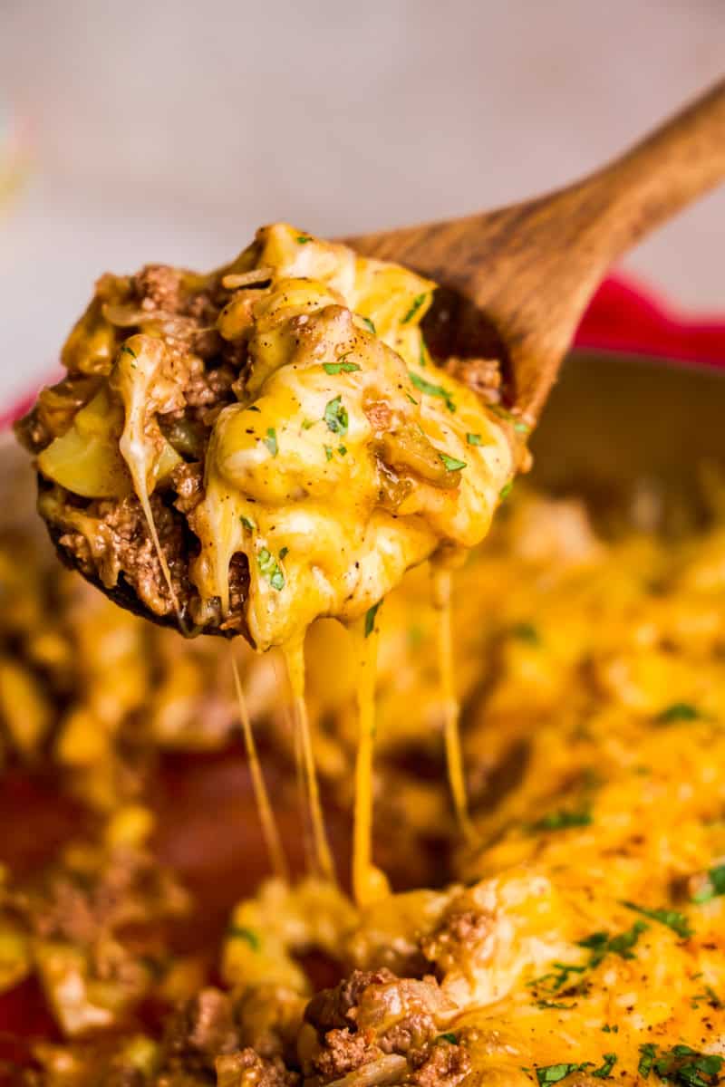 Spoonful of cheesy One Pot American Picadillo.