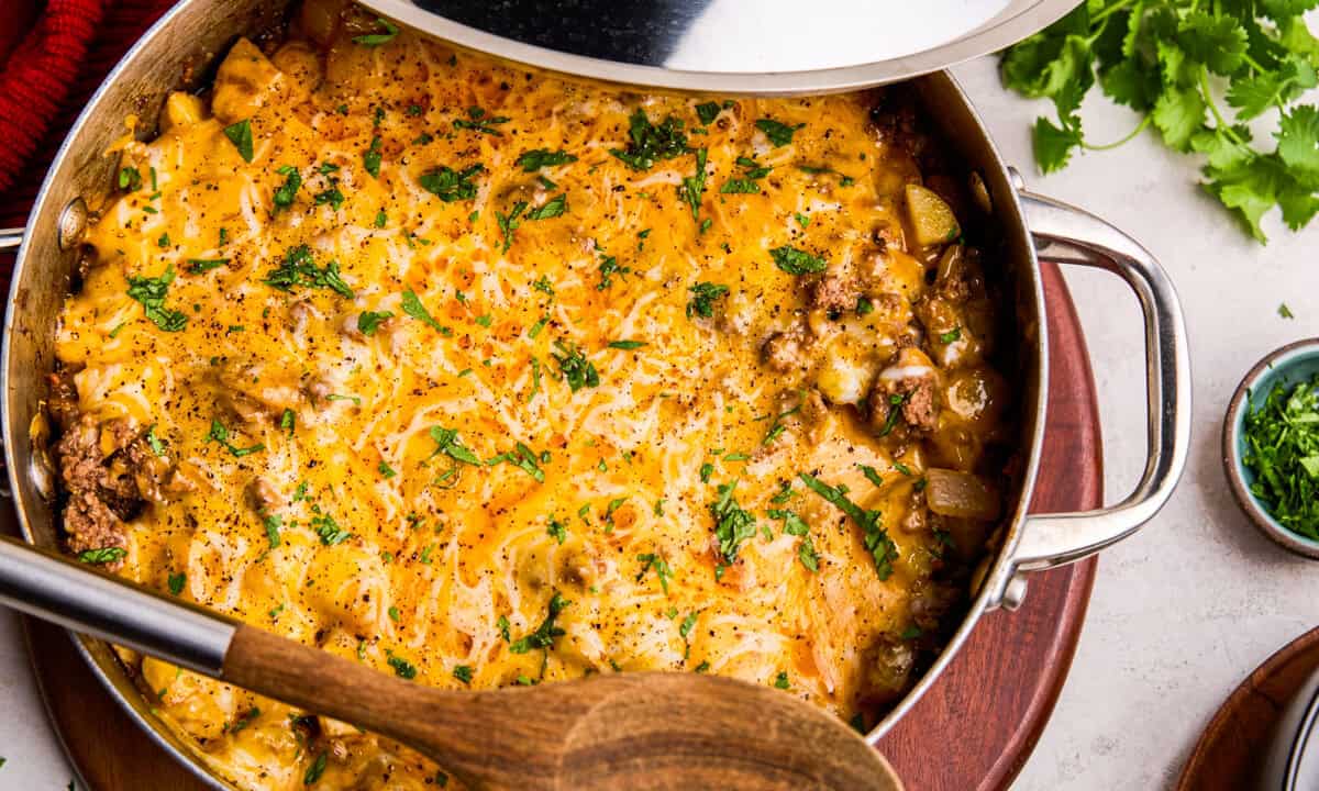 Overhead image of cheesy One Pot American Picadillo in a skillet.