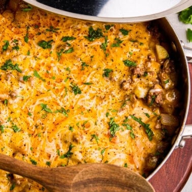 Overhead image of cheesy One Pot American Picadillo in a skillet.