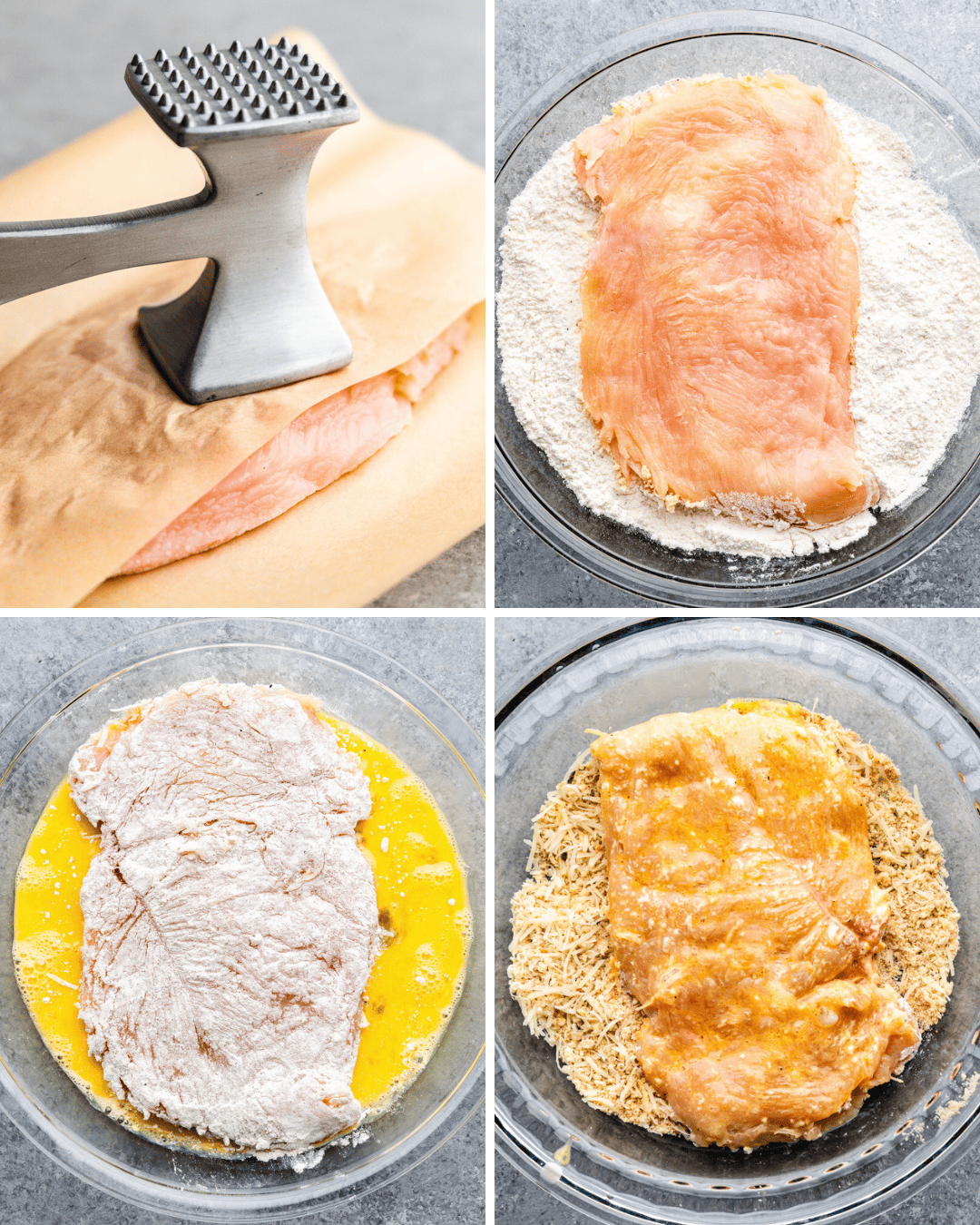 Collage of pictures that show how to make air fryer chicken parmesan.