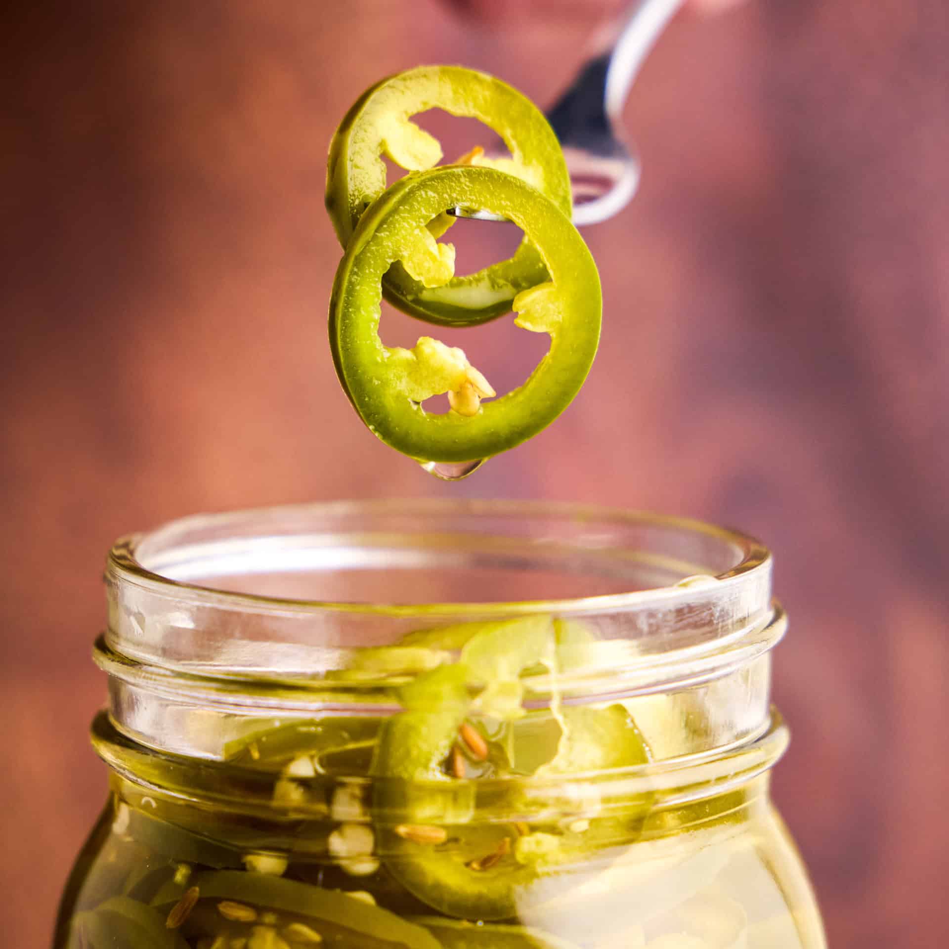 A fork holding two jalapeño slices above a jar of Quick Pickled Jalapeños.