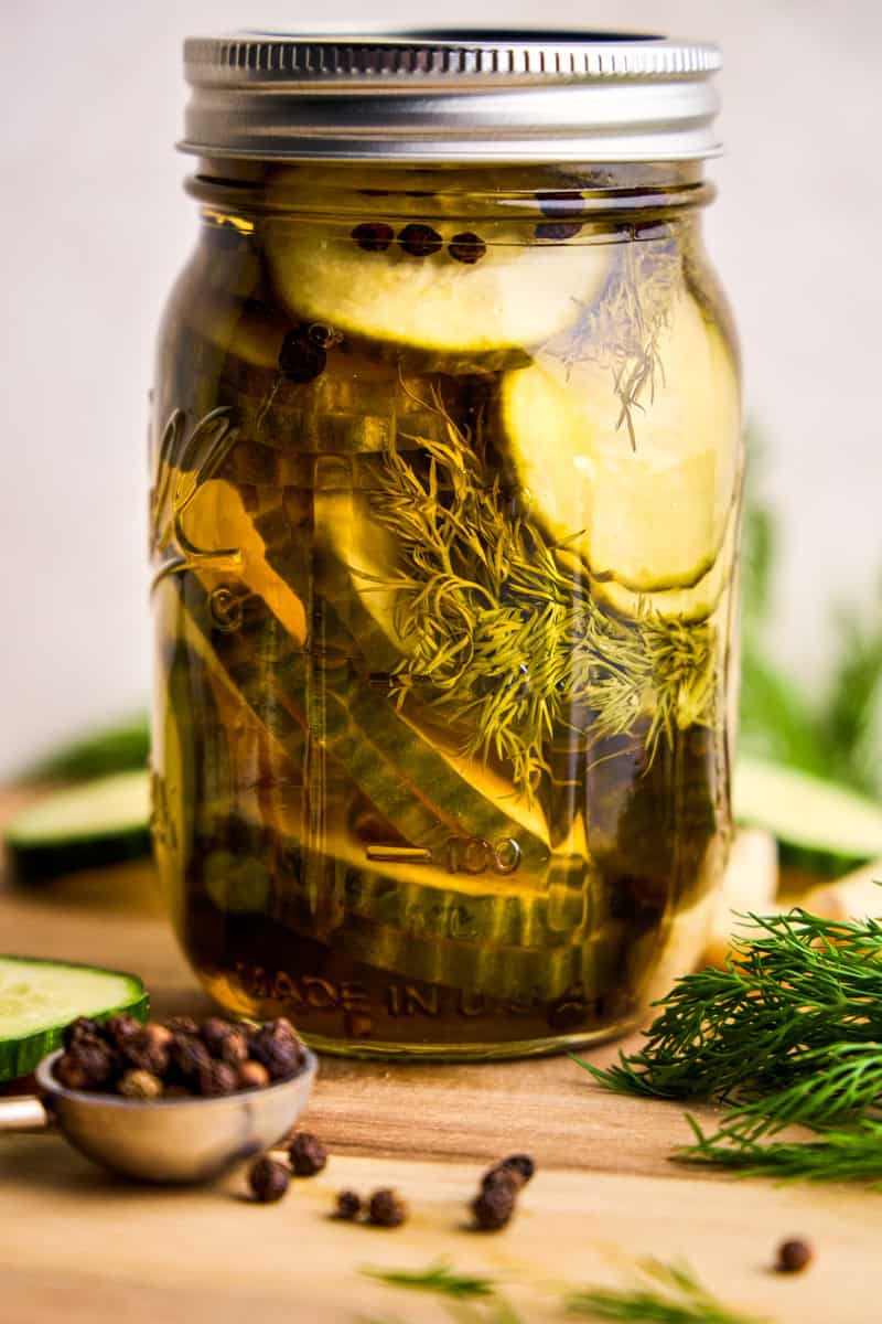 A glass jar full of Refrigerator Pickles.