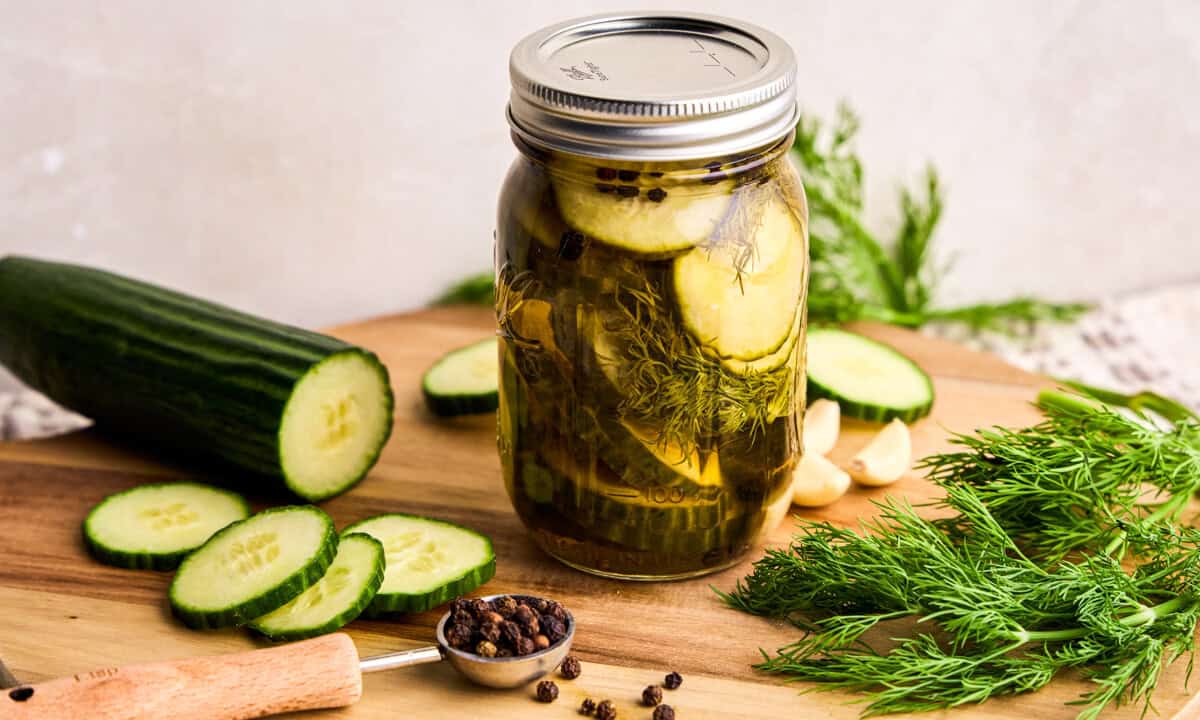 Refrigerator Pickles in a glass jar with cucumbers, dill, garlic and peppercorns.