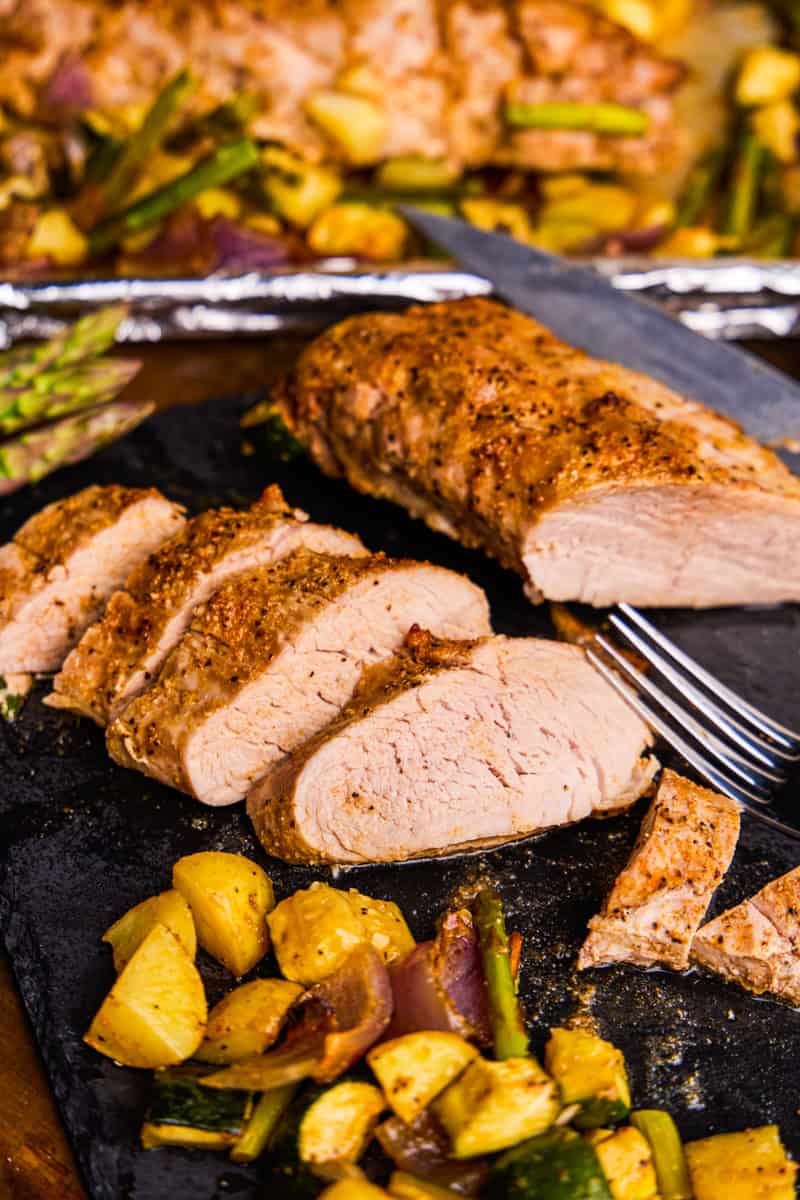 Slices of Sheet Pan Pork Tenderloin & Veggies.