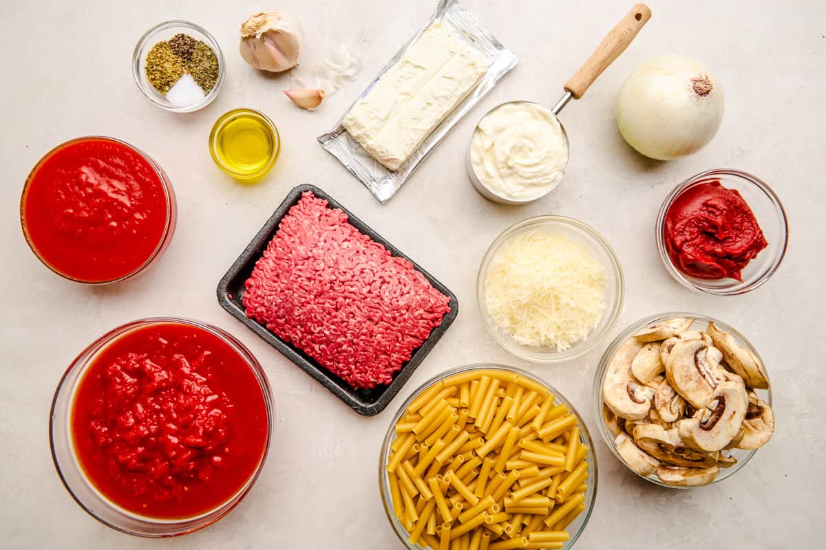 Ingredients for the Best Baked Ziti Ever.