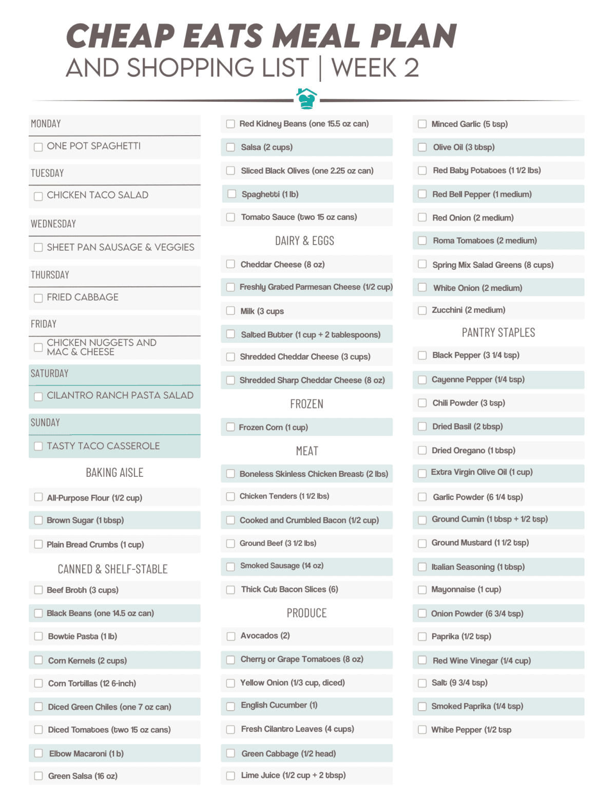 The shopping list for week 2 of the Cheap Eats Meal Plan from The Stay At Home Chef.