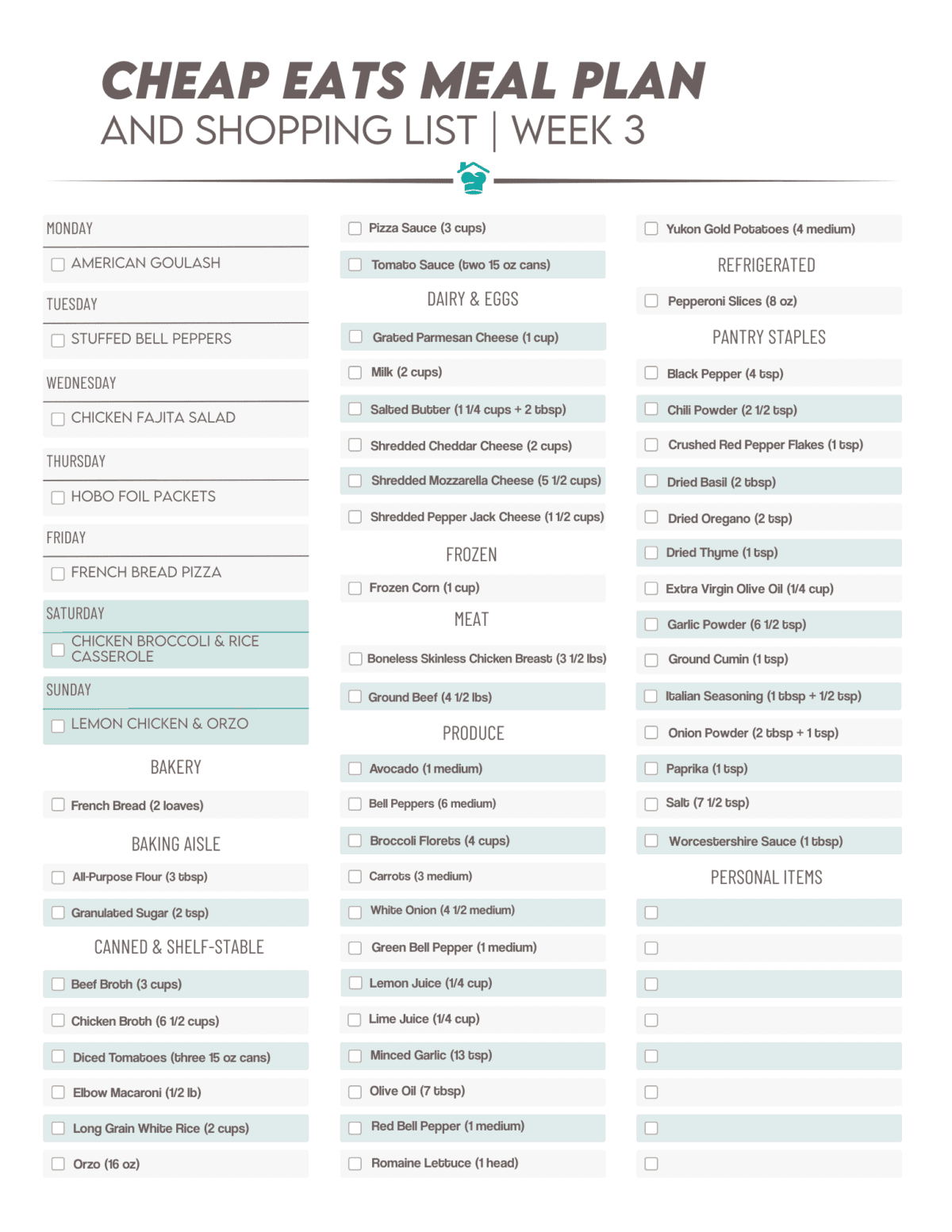 The shopping list for week 3 of the Cheap Eats Meal Plan from The Stay At Home Chef.