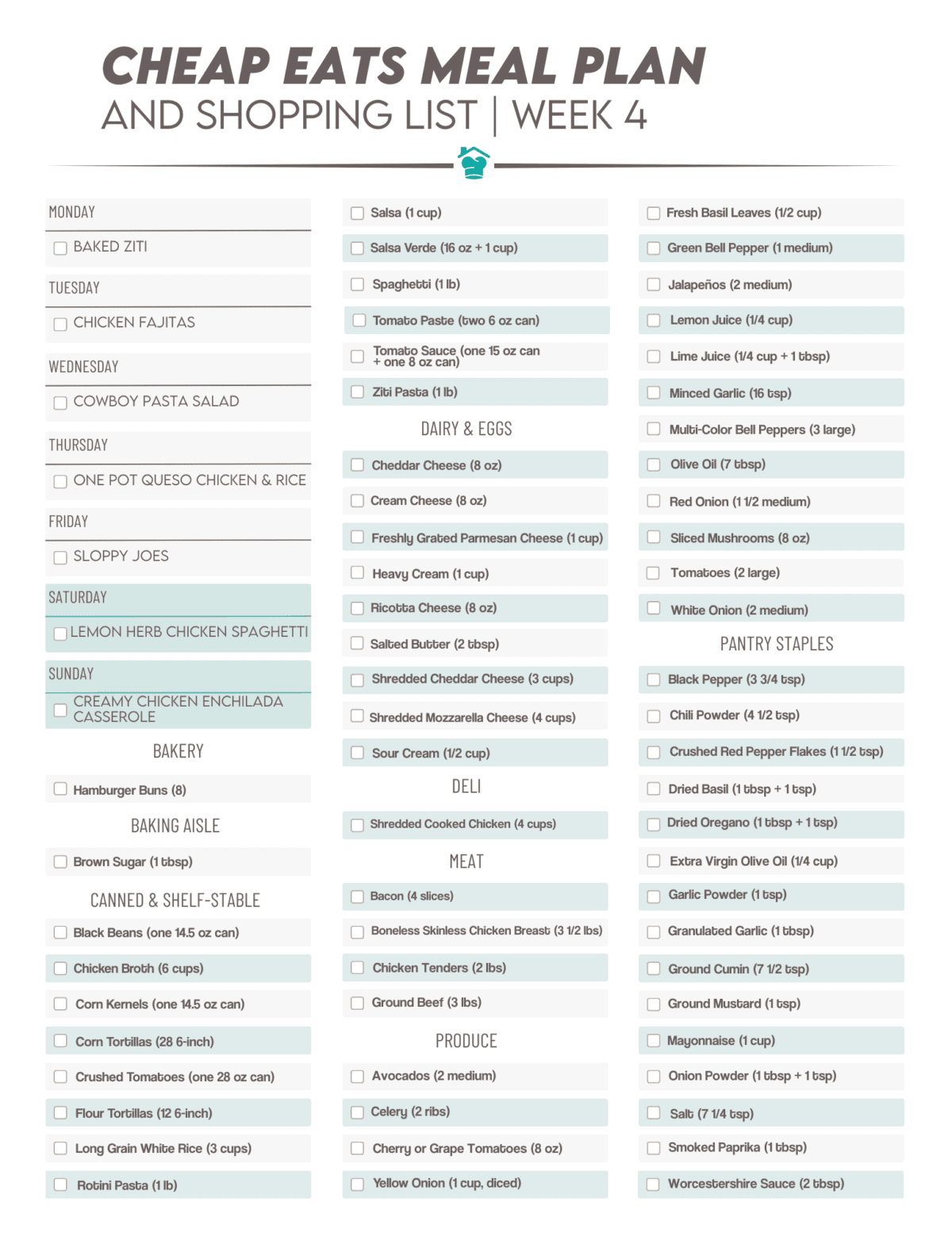 The shopping list for week 4 of the Cheap Eats Meal Plan from The Stay At Home Chef.