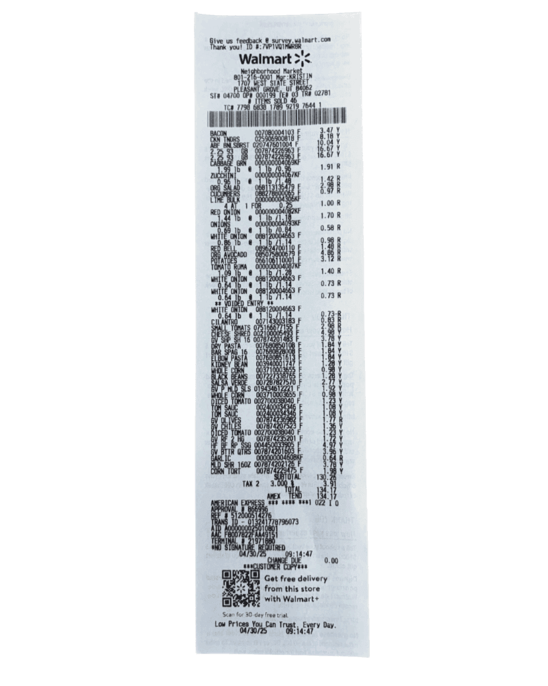 A copy of the receipt for week 2 of the Cheap Eats Meal Plan.