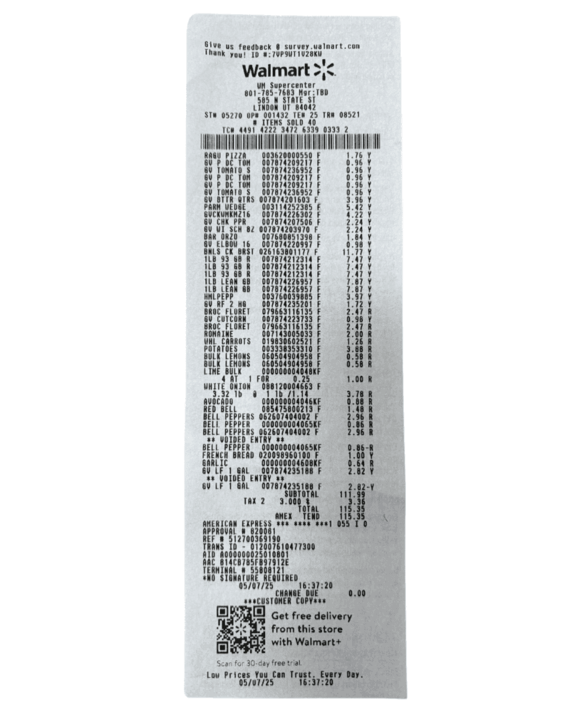 A copy of the receipt for week 3 of the Cheap Eats Meal Plan.