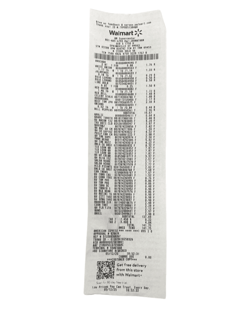A copy of the receipt for week 4 of the Cheap Eats Meal Plan.