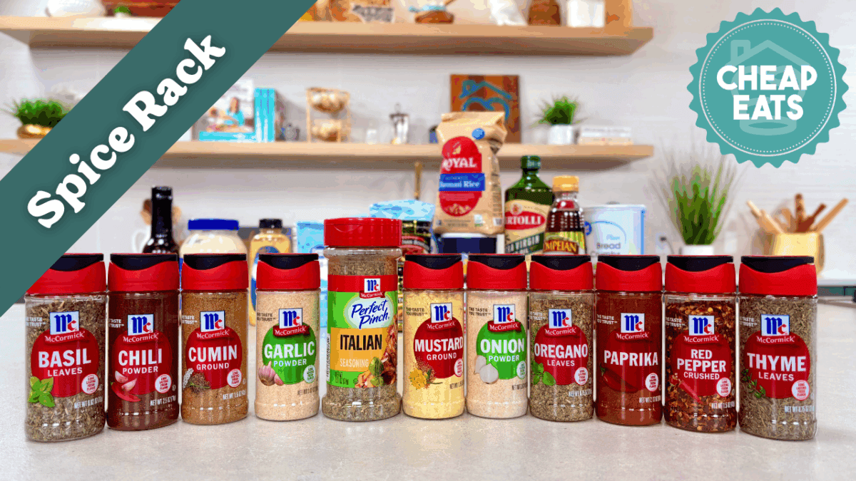 An image showing the spices needed for the Cheap Eats Meal Plan laid out on a kitchen counter top.