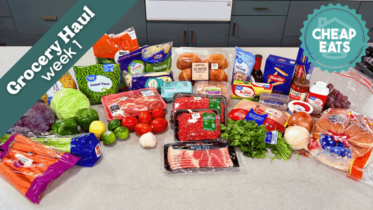 Groceries for the first week of the Cheap Eats Meal Plan laid out on a kitchen counter.