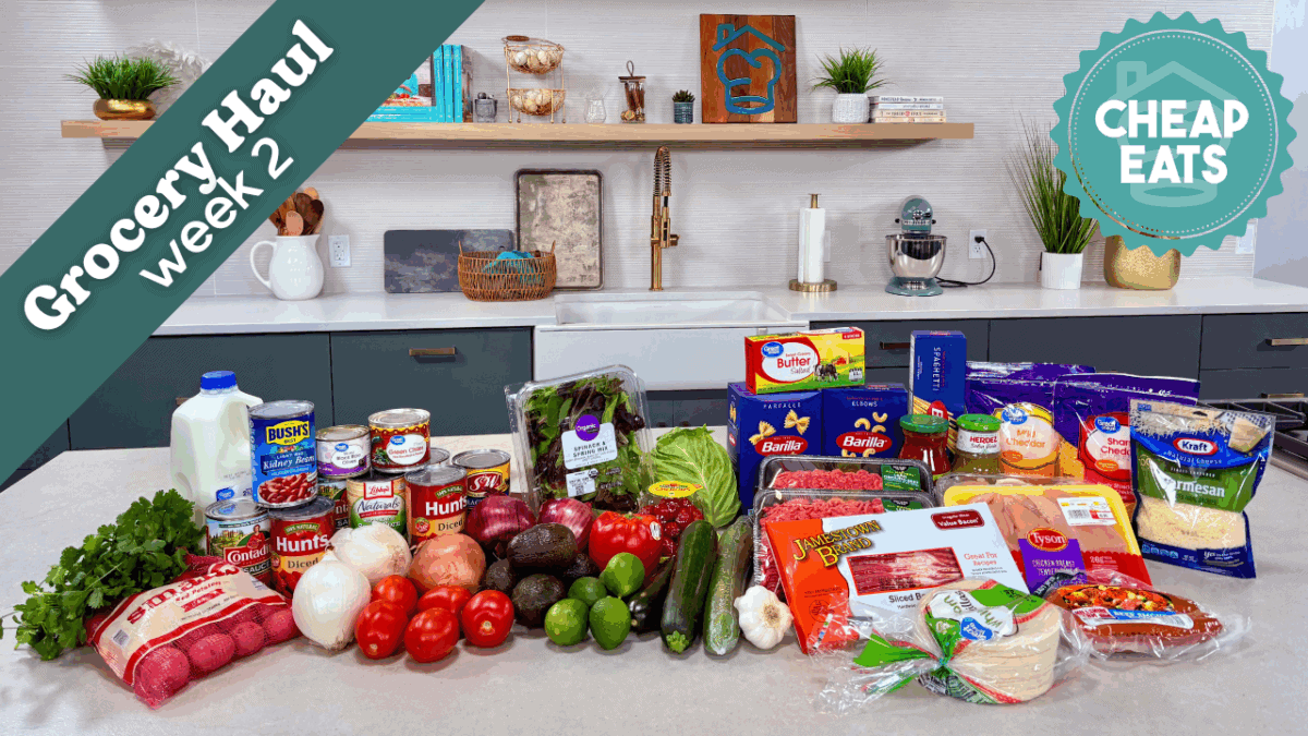 Groceries for the second week of the Cheap Eats Meal Plan laid out on a kitchen counter.