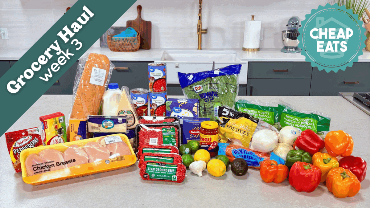 Groceries for the third week of the Cheap Eats Meal Plan laid out on a kitchen counter.