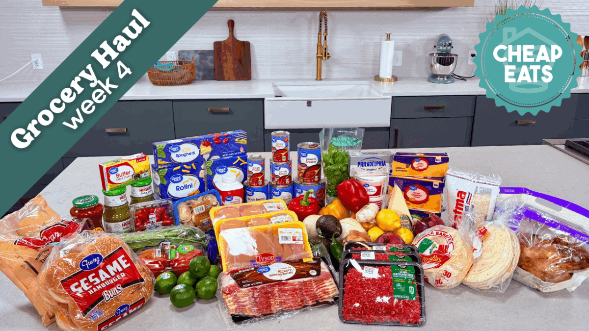 Groceries for the fourth week of the Cheap Eats Meal Plan laid out on a kitchen counter.