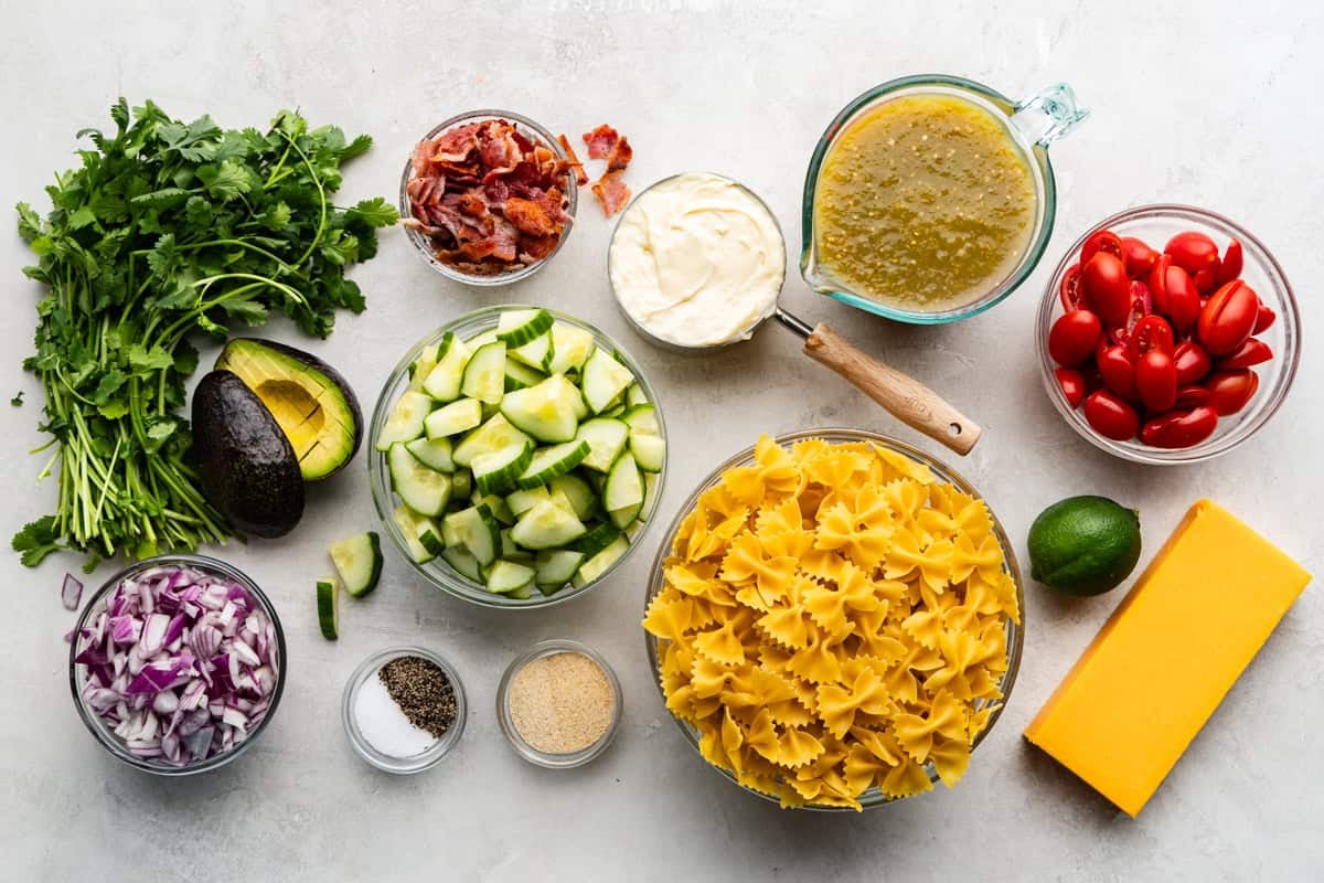 Ingredients used to make Cilantro ranch pasta salad.