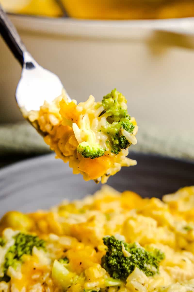 A forkful of One Pot Chicken Broccoli & Rice with a cast iron pot blurred in the background.