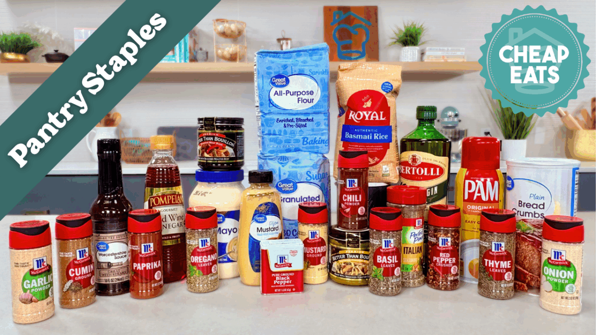 An image showing the ingredients needed for pantry staples laid out on a kitchen counter top.