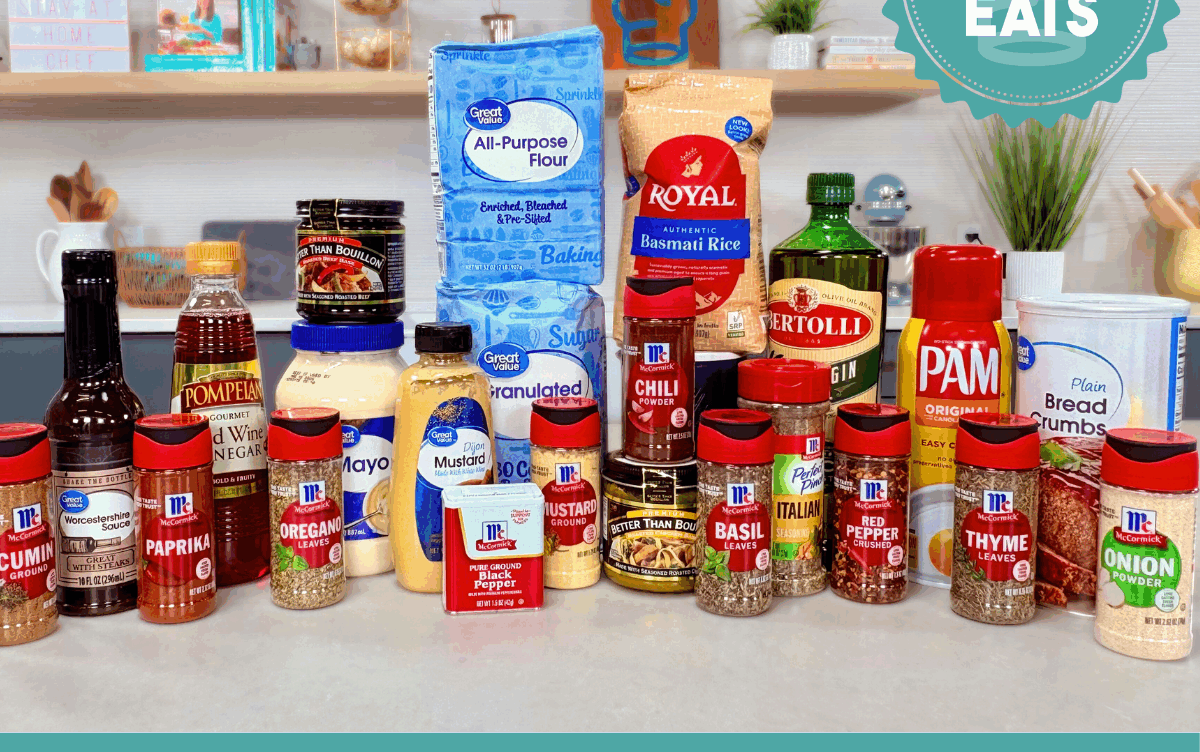 An image showing the ingredients needed for pantry staples laid out on a kitchen counter top.