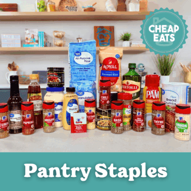 An image showing the ingredients needed for pantry staples laid out on a kitchen counter top.