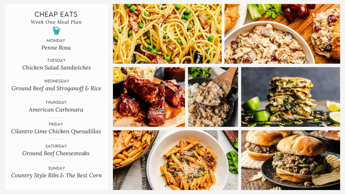 A decorative image showing the menu for week 1 of the Cheap Eats Meal Plan.