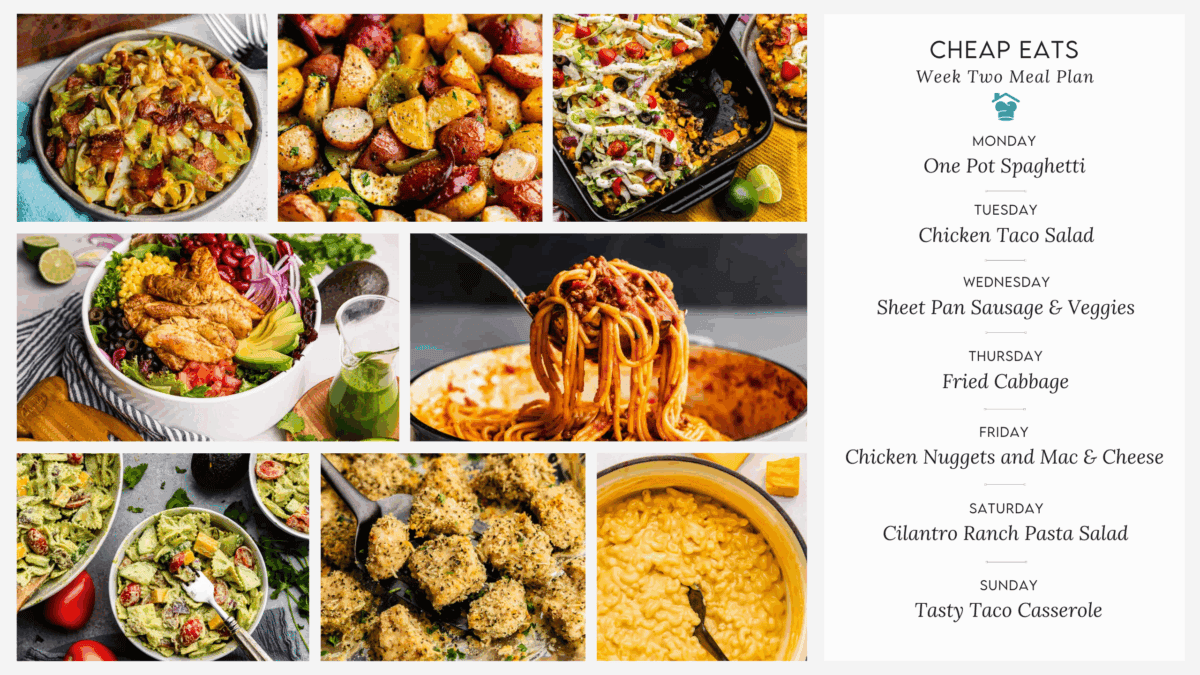 A decorative image showing the menu for week 2 of the Cheap Eats Meal Plan.