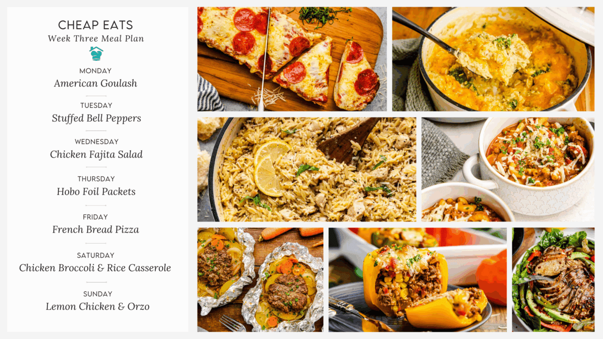 A decorative image showing the menu for week 3 of the Cheap Eats Meal Plan.