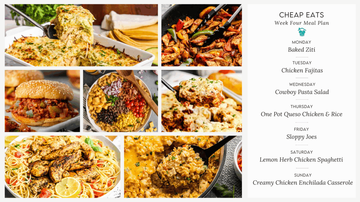 A decorative image showing the menu for week 4 of the Cheap Eats Meal Plan.