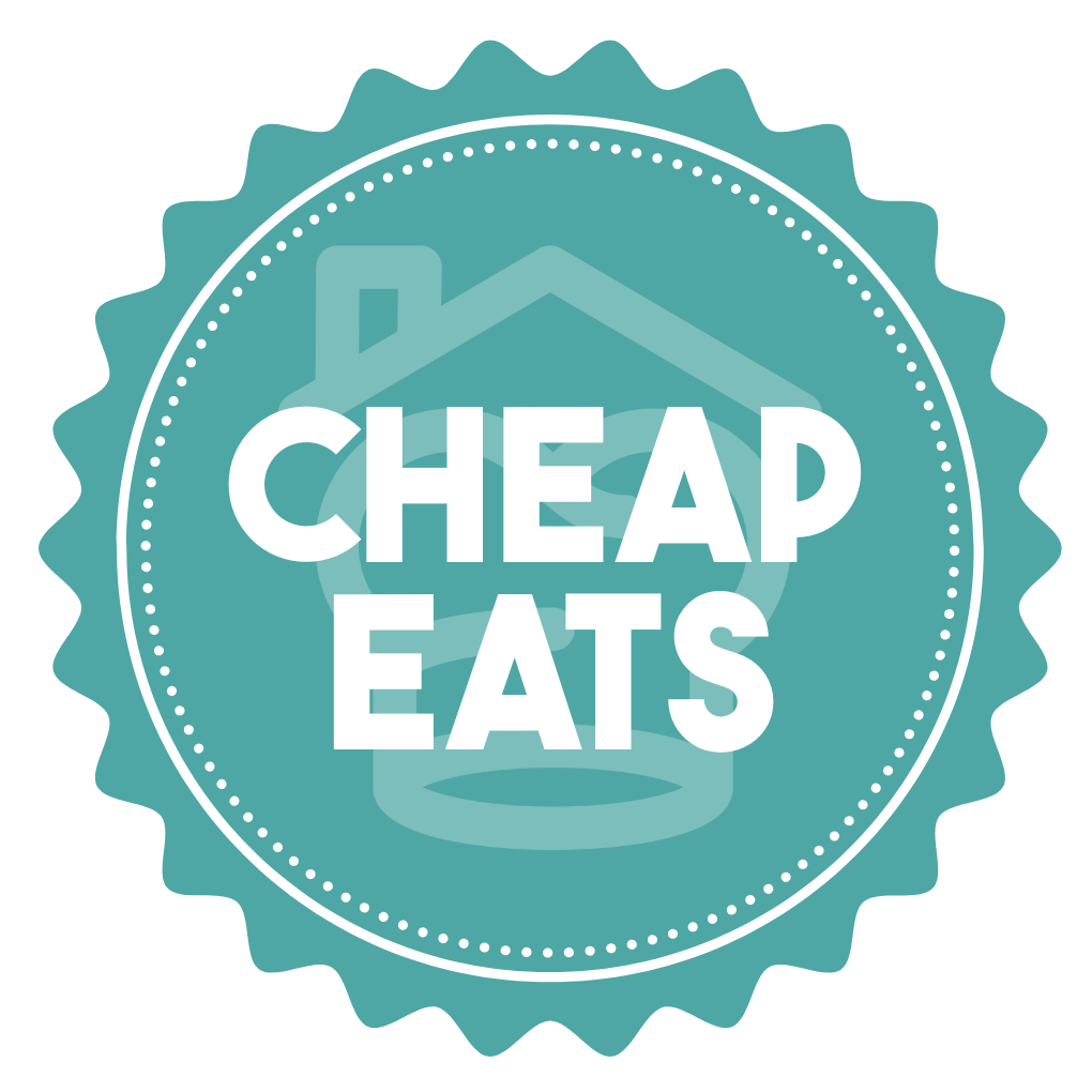 A decorative icon that says "cheap eats" with The Stay At Home Chef logo in the background.