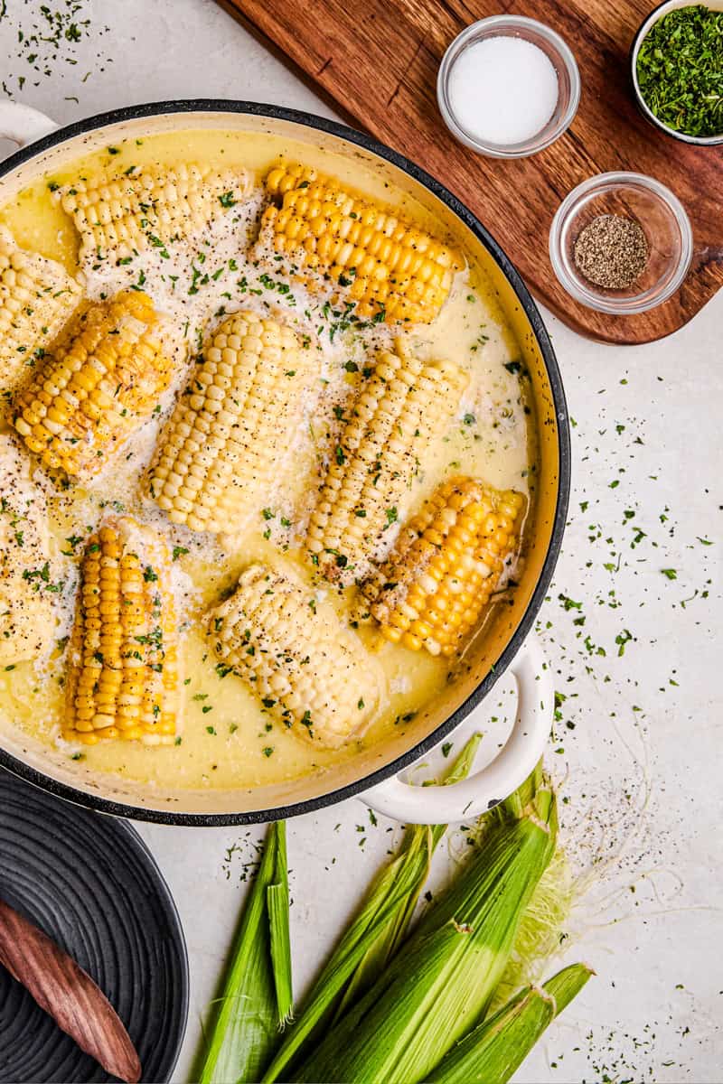 An overhead image of Butter Boiled Corn on the Cob.