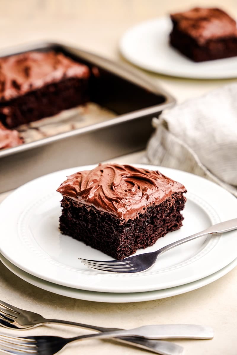 A slice of Easy Chocolate Cake on a white plate with the cake pan in the background.