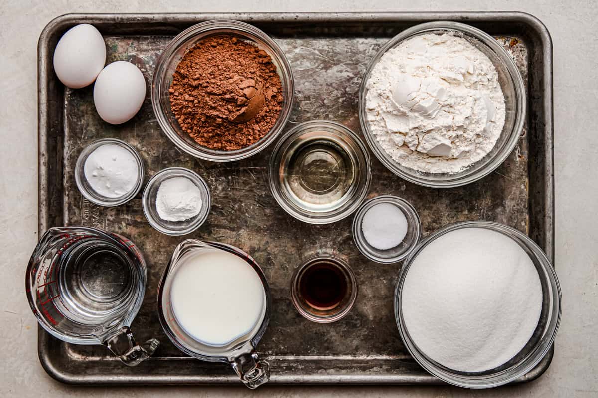 Ingredients for Easy Chocolate Cake (9x13 pan).