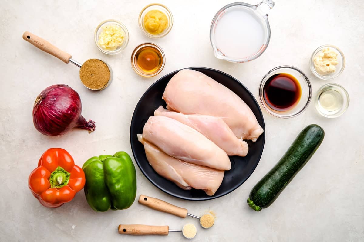 Ingredients for Juicy Marinated Grilled Chicken Kabobs.