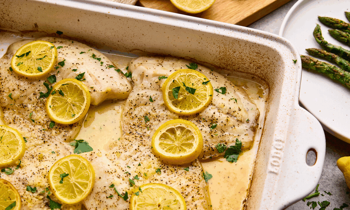 Easy Lemon Garlic Baked Tilapia in a baking dish.