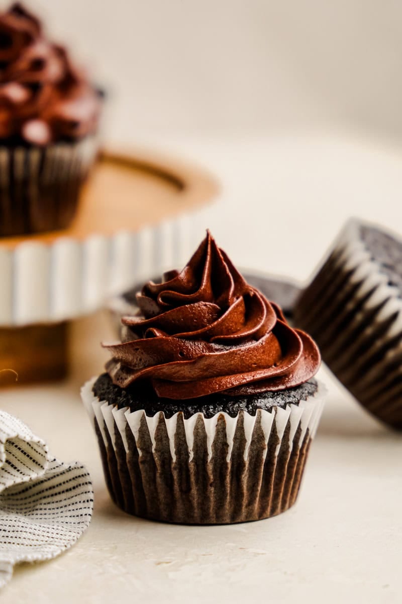 The Most Amazing Chocolate Cupcakes topped with rich chocolate frosting.