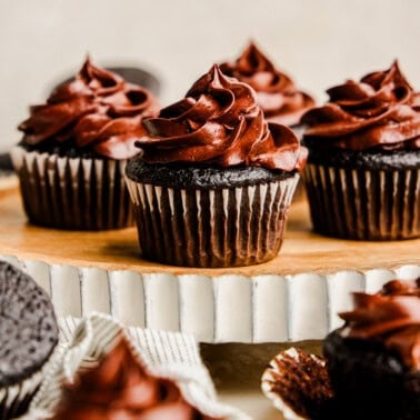 A tray of The Most Amazing Chocolate Cupcakes topped with rich chocolate frosting.