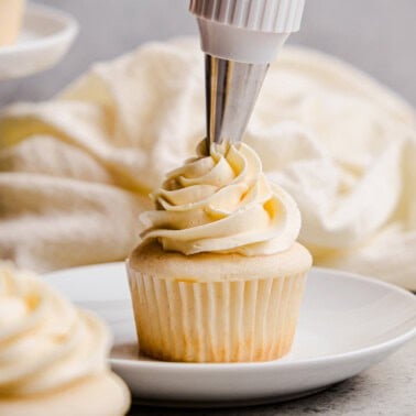 A most Amazing White Cupcake on a plate being decorated with creamy white frosting.