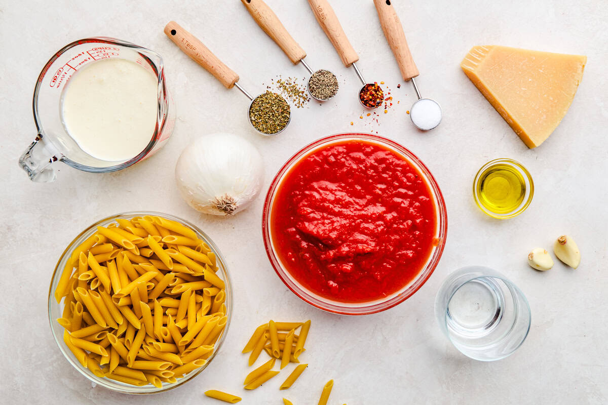 Ingredients for Penne Alla Vodka.