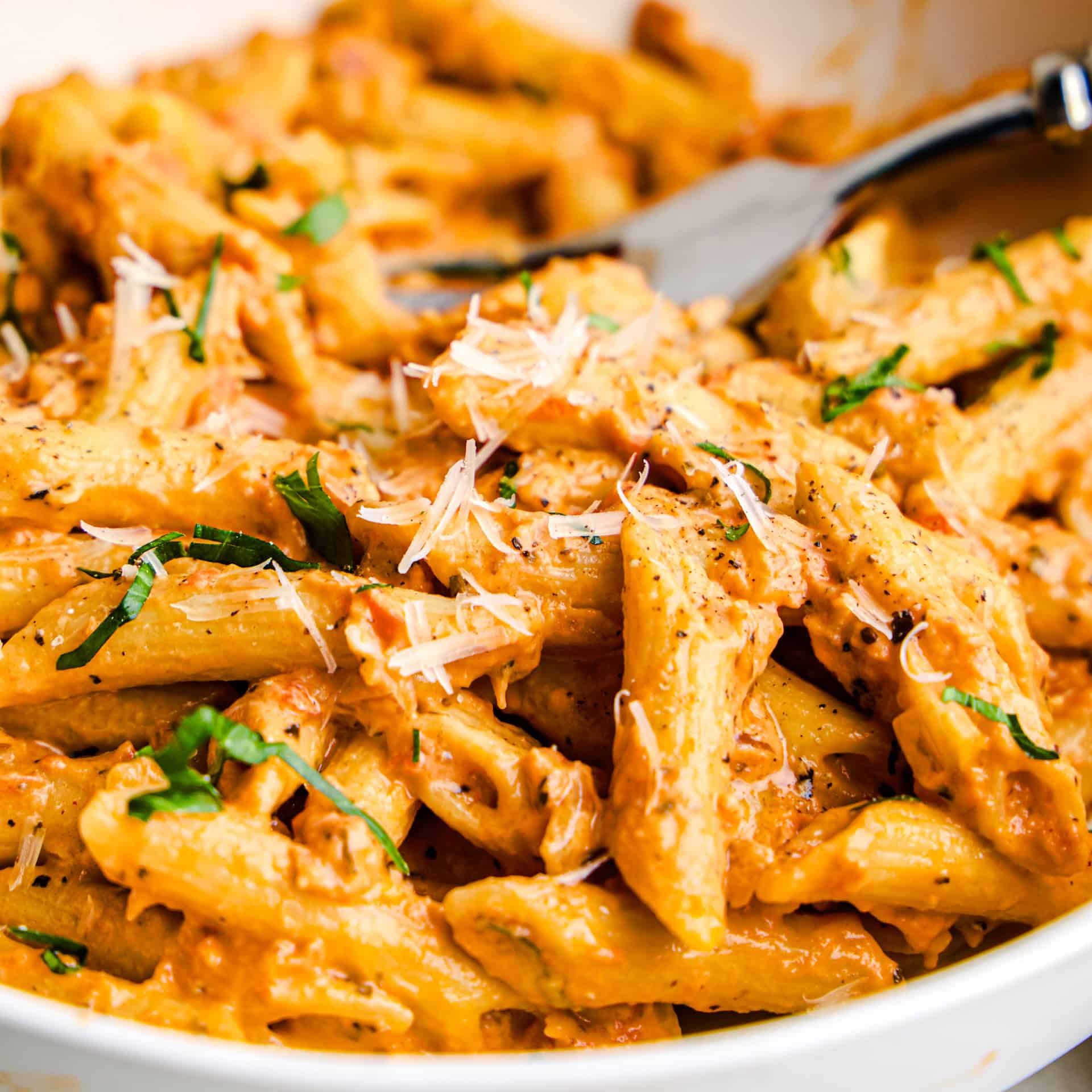 A closeup Penne Alla Vodka in a bowl topped with parmesan and basil.