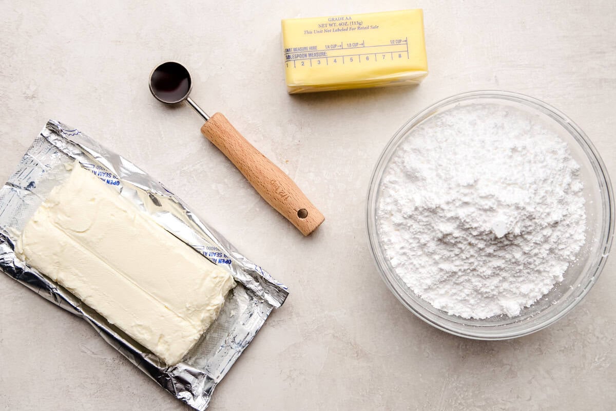 Ingredients for Perfect Cream Cheese Frosting.