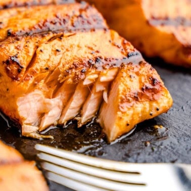 Closeup image of Simple Grilled Salmon filet with a bite taken out of it.
