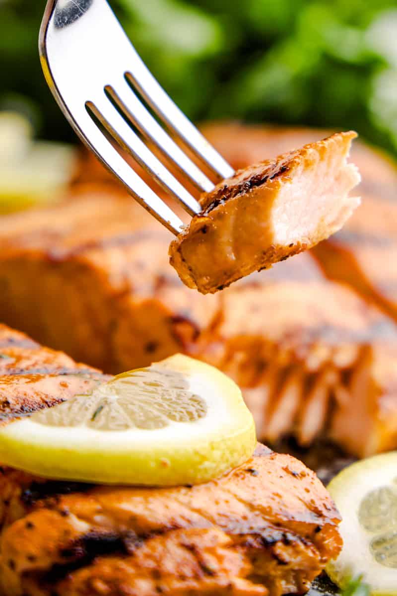 A flakey bite of Simple Grilled Salmon on a fork with salmon filets and lemons in the background.